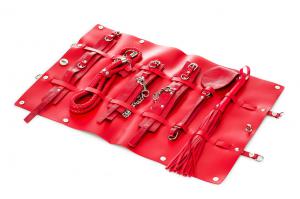 9-piece Real Leather Bondage Set - Red